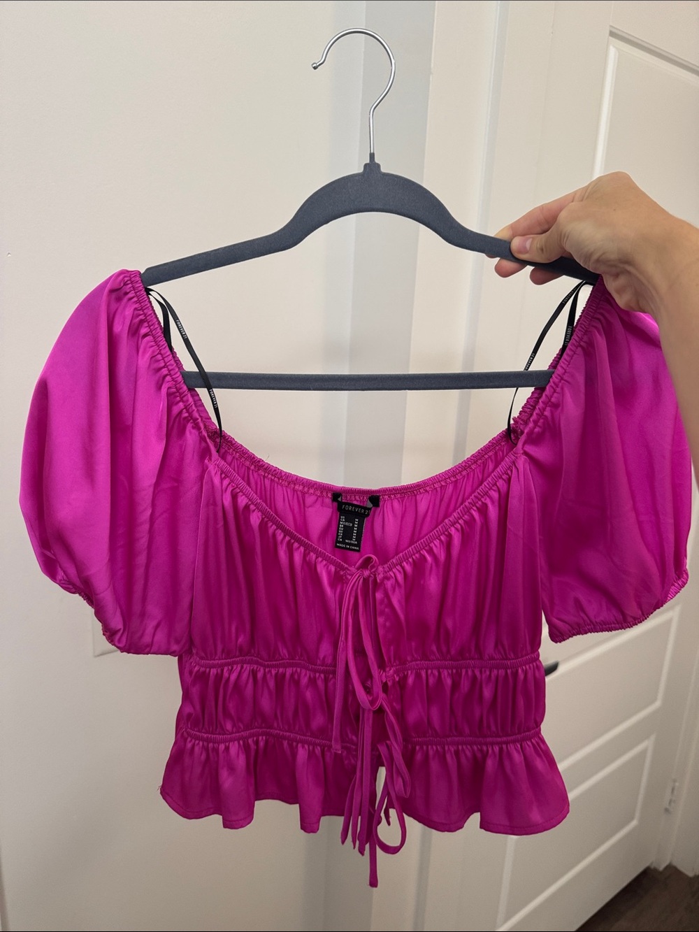 Forever 21 Hot Pink Puff Sleeve Tie-Front Peplum Crop Top